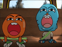 two cartoon characters are sitting in the back seat of a car with their mouths wide open