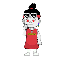a cartoon girl wearing sunglasses and a zhuotcita shirt is holding a cell phone