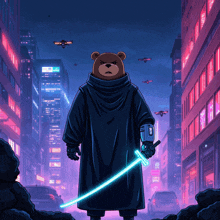 a cartoon of a teddy bear holding a sword in front of a city skyline