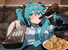 a girl holding a bottle of beer and a remote control next to a bowl of chips