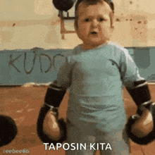 a baby wearing boxing gloves is standing in front of a wall with the word kudo written on it