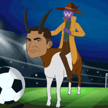 a cartoon of a man riding a goat with horns