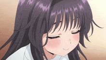 a close up of a girl with long purple hair