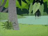 a cartoon drawing of a river with palm trees in the background