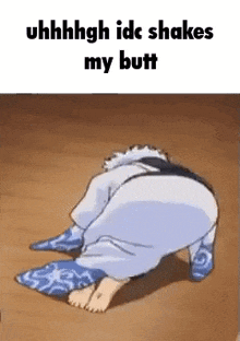 a cartoon character is kneeling down on the floor with a pillow in his butt .
