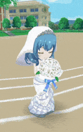 a girl in a wedding dress holds a bouquet of flowers