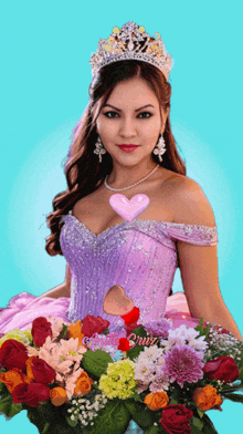 a woman in a purple dress and tiara is holding a bunch of flowers