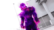 a person in a purple costume is standing in front of a fence