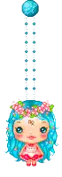 a pixel art of a girl with blue hair and a sign on her forehead