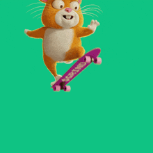 a cartoon hamster is riding a skateboard on a green background with a pink hat on its head