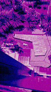 a purple and blue image of a building with palm trees
