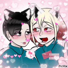 a drawing of a boy and a girl with cat ears and hearts surrounding them