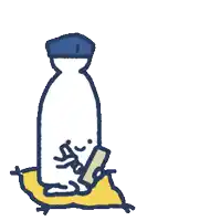 a drawing of a bottle sitting on a yellow pillow with chinese writing behind it