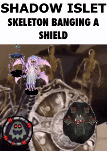 shadow islet skeleton banging a shield with a picture of skeletons in the background