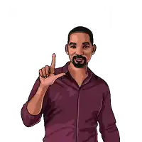 a man in a purple shirt is pointing up with his index finger