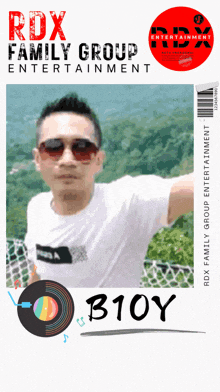 an ad for rdx family group entertainment shows a man