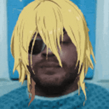 a man with a beard and blonde hair is wearing sunglasses and a hospital gown .
