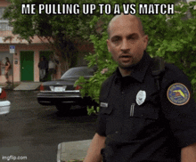a police officer is pulling up to a vs match on a parking lot