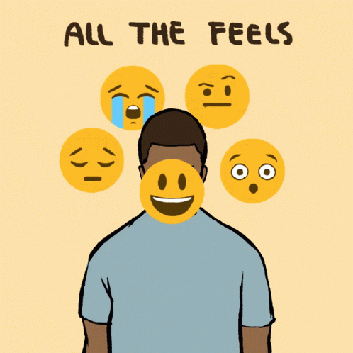 GIF: Animation of feelings emojis circling a man's head