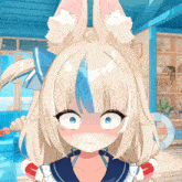 a cartoon girl with blonde hair and blue eyes