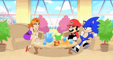 a cartoon of mario , sonic and a woman sitting at a table