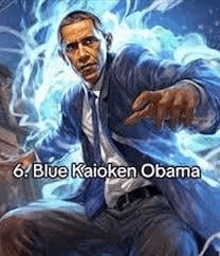 a painting of barack obama in a suit and tie with a blue jacket and tie .