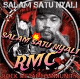 a man with a beard is giving the middle finger and says rock metal community rmc