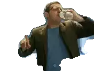 a man in a suit is drinking from a bottle and giving a middle finger