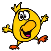 a cartoon drawing of a yellow chicken with a crown on its head