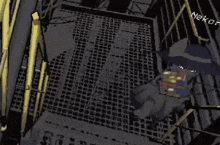 a staircase with a yellow railing and a blue and yellow cube on it