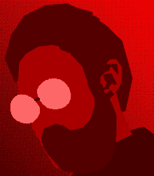 a pixel art drawing of a man with a beard and a red background