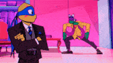 a cartoon character in a suit and tie is standing next to a cartoon character in a suit and tie .