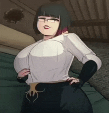 a cartoon girl with big breasts is standing in front of a bed .