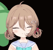 a girl with brown hair and a heart shaped hair clip