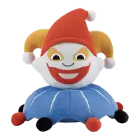a stuffed toy of a jester with a red and yellow hat
