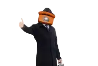 a man with a telephone on his head is giving a thumbs up