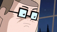 a cartoon man wearing glasses is looking out a window at the night sky .