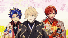 three anime characters are standing next to each other with a fan in their hand