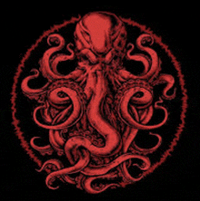 a red octopus in a circle on a black background .