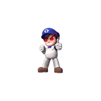 a cartoon character giving a thumbs up with a red eye