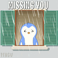 a penguin looking out a window with the words missing you