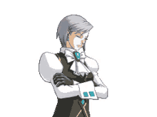 a pixel art of a man with his arms crossed and his eyes closed