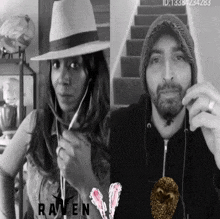 a black and white photo of a man and a woman with the word raven on the bottom right