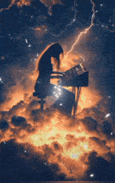 a woman is playing a piano in the clouds with lightning behind her
