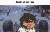 a cartoon of a man standing in front of a race car with the words " despite all my rage " above him