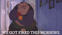 a cartoon character with the words we got fired this morning on the bottom