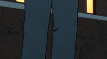 a cartoon drawing of a person wearing blue jeans and a black jacket with orange stripes