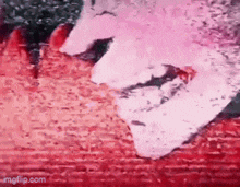a close up of a painting of a lion 's face on a red and pink background .