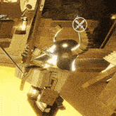 a person in a video game with a sword hanging from their head