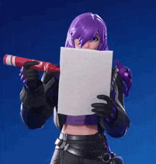 a girl with purple hair is holding a white piece of paper